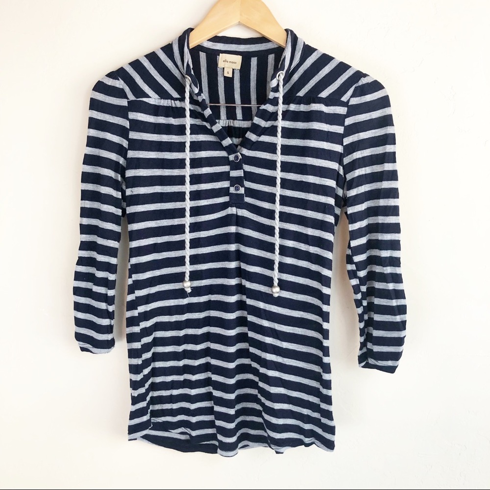 Ella Moss Navy Striped Henley Drawstring Top